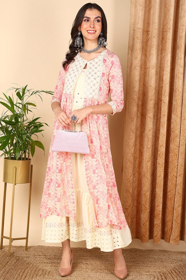 Pink Cotton Geometric Embroidered Flared Kurta