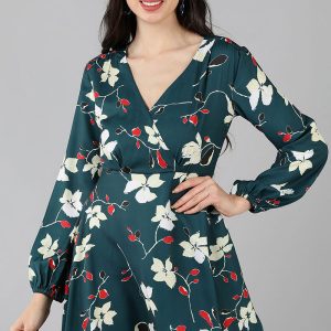 Green Polyester Floral Print Flared Mini Dress