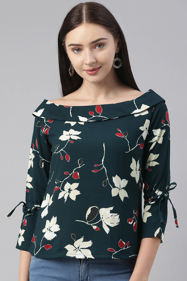 Teal Georgette Floral Printed Regular Top