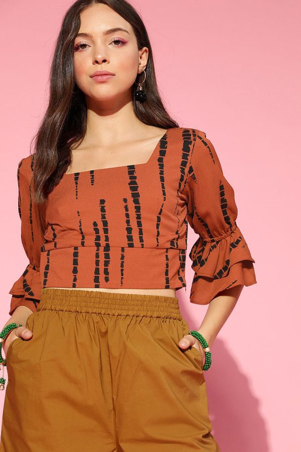 Rust Georgette Abstract Print Crop Top